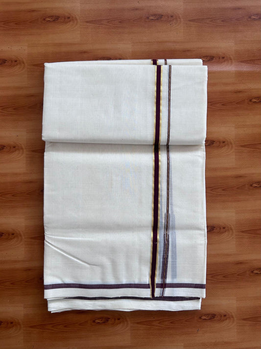 Off White (Unbleached) Double Mundu/Dhoti - 25% Discount! KaithariKada Handloom Millpaav - Kerala Handloom - 100% Pure Cotton - 80x90 - 0.5 inch Puliyilakkara Gold kasav Dark Brown chutty 4 Meters (8.5 Muzham) - 53 KK5508 RAM