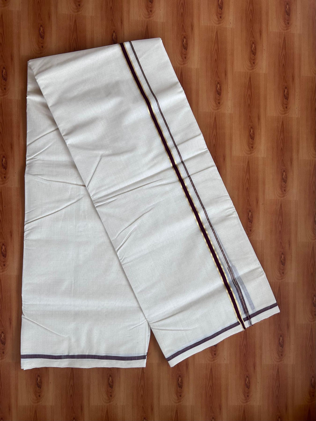 Off White (Unbleached) Double Mundu/Dhoti - 25% Discount! KaithariKada Handloom Millpaav - Kerala Handloom - 100% Pure Cotton - 80x90 - 0.5 inch Puliyilakkara Gold kasav Dark Brown chutty 4 Meters (8.5 Muzham) - 53 KK5508 RAM