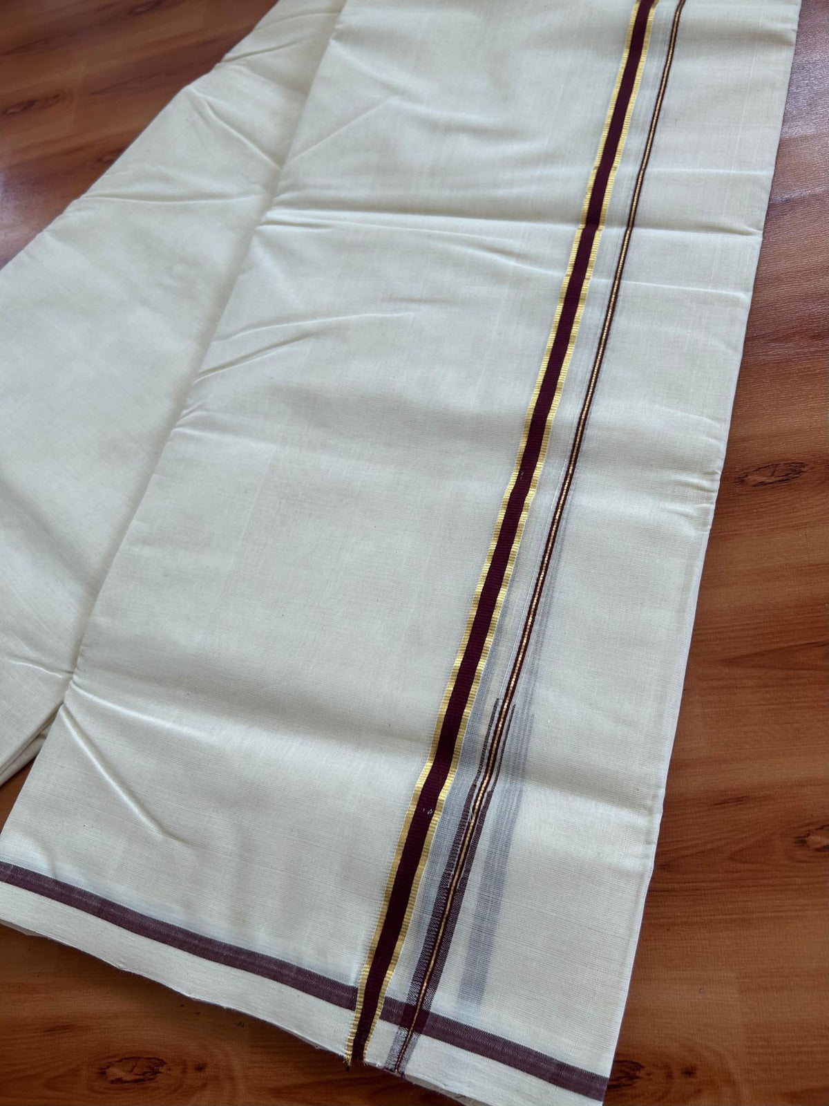 Off White (Unbleached) Double Mundu/Dhoti - 25% Discount! KaithariKada Handloom Millpaav - Kerala Handloom - 100% Pure Cotton - 80x90 - 0.5 inch Puliyilakkara Gold kasav Dark Brown chutty 4 Meters (8.5 Muzham) - 53 KK5508 RAM