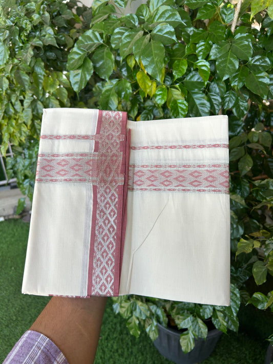 20% Discount ! KaithariKada Balaramapuram 100% Pure Cotton Single Off White Mundu/Dhoti - 70X30 - 1.75 inch Silver Kasav & Dark Peach Pink Jacquard Design kara 2 mtr (4 Muzham) - 16 KK5360 CJT