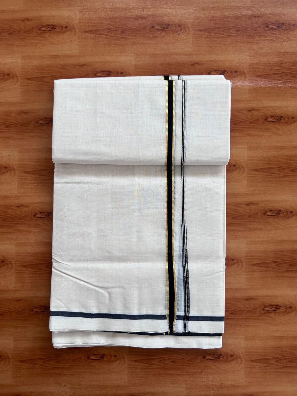 Off White (Unbleached) Double Mundu/Dhoti - 25% Discount! KaithariKada Handloom Millpaav - Kerala Handloom - 100% Pure Cotton - 80x90 - 0.5 inch Puliyilakkara Gold kasav Black chutty 4 Meters (8.5 Muzham) - 54 KK5508 RAM