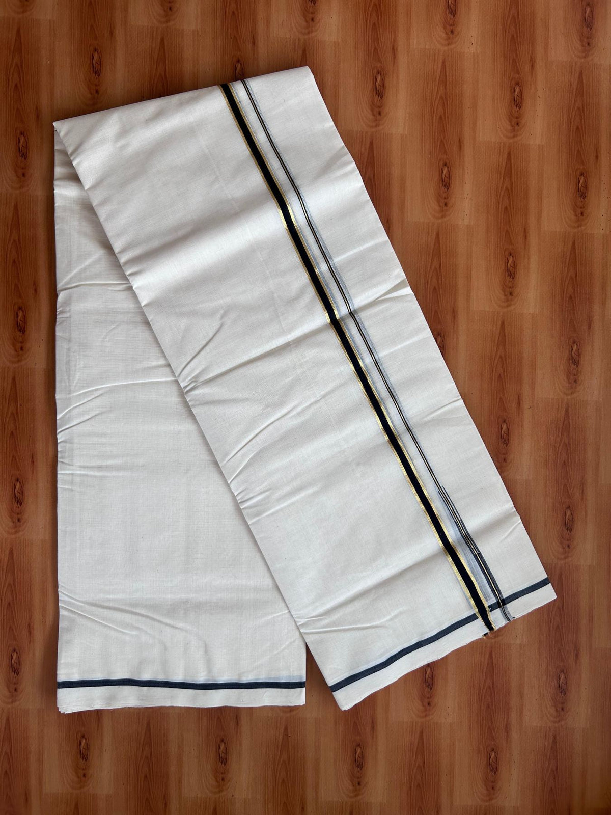 Off White (Unbleached) Double Mundu/Dhoti - 25% Discount! KaithariKada Handloom Millpaav - Kerala Handloom - 100% Pure Cotton - 80x90 - 0.5 inch Puliyilakkara Gold kasav Black chutty 4 Meters (8.5 Muzham) - 54 KK5508 RAM