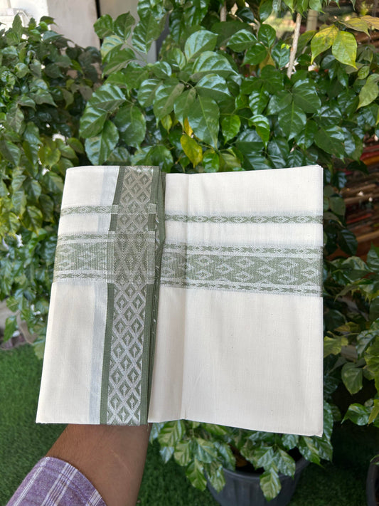 20% Discount ! KaithariKada Balaramapuram 100% Pure Cotton Single Off White Mundu/Dhoti - 70X30 - 2 inch Silver Kasav & Pastel Green Jacquard Design kara 2 mtr (4 Muzham) - 14 KK5360 CJT