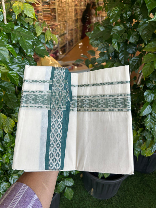 20% Discount ! KaithariKada Balaramapuram 100% Pure Cotton Single Off White Mundu/Dhoti - 70X30 - 1.75 inch Silver Kasav & Dark Green Jacquard Design kara 2 mtr (4 Muzham) - 15 KK5360 CJT