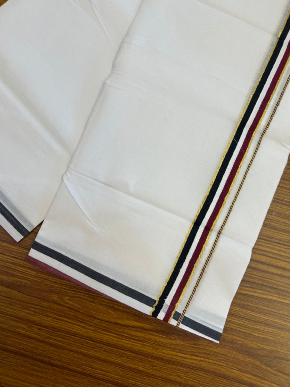 ADMK VESHTI - 20% DISCOUNT! KaithariKada 100% Cotton Pure white Double - (Unbleached) Mundu/Dhoti - 100X100 - 1 inch Gold Kasavu & Black White Maroon kara - 5 KK5297 ASH