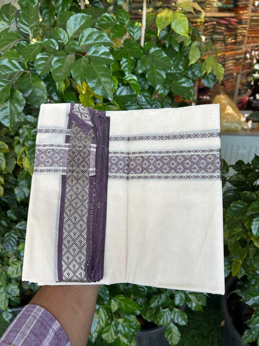 20% Discount ! KaithariKada Balaramapuram 100% Pure Cotton Single Off White Mundu/Dhoti - 70X30 - 1.75 inch Silver Kasav & Wine Purple Jacquard Design kara 2 mtr (4 Muzham) - 17 KK5360 CJT