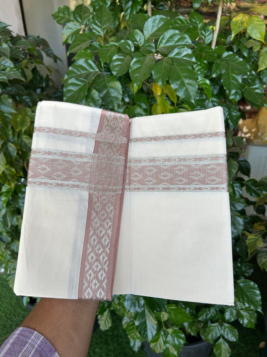 20% Discount ! KaithariKada Balaramapuram 100% Pure Cotton Single Off White Mundu/Dhoti - 70X30 - 1.5 inch Silver Kasav & Dusty Peach Jacquard Design kara 2 mtr (4 Muzham) - 18 KK5360 CJT