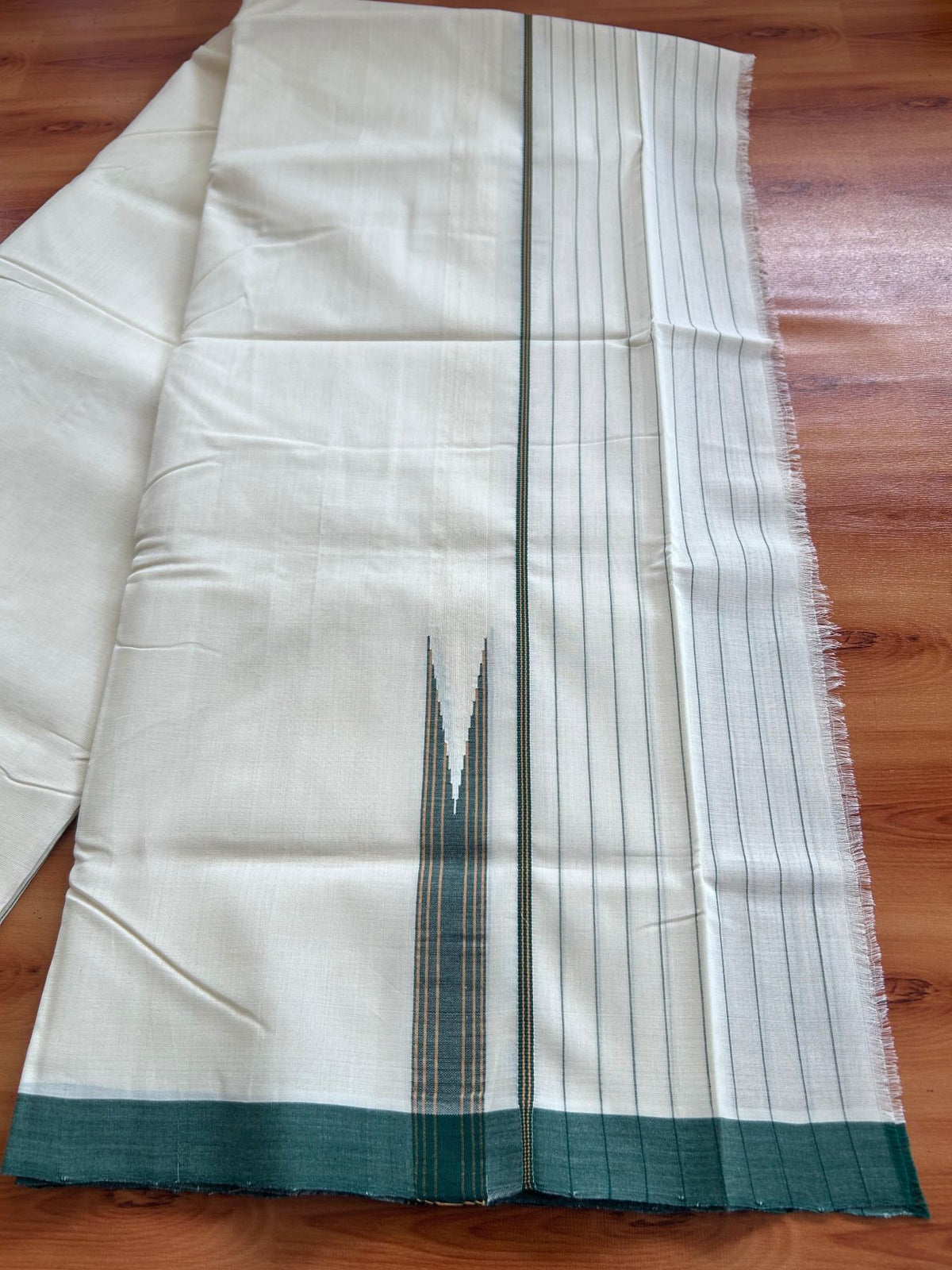 25% Discount!! KaithariKada Handloom  Unakkupaav  - Kerala Handloom - 100% Pure Cotton Off White - (Unbleached) Double Mundu/Dothi - 100x80 - 6.25 inch Dark Green & Orange Yellow Chutty Side Stripes Kara 4 meter (8.5 Muzham) - 34 KK5498 REA