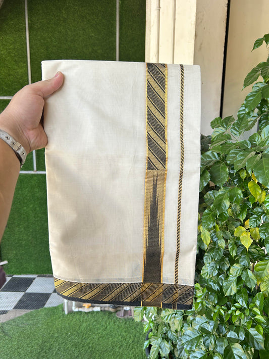20% Discount ! KaithariKada Balaramapuram 100% Pure Cotton Double Off White (Unbleached) Mundu/Dhoti - 100x80 - 1.5 inch Puliyilakkara Gold Kasav & Black Jacquard Design Chutty kara (8.5 Muzham) - 12 KK5360 CJT