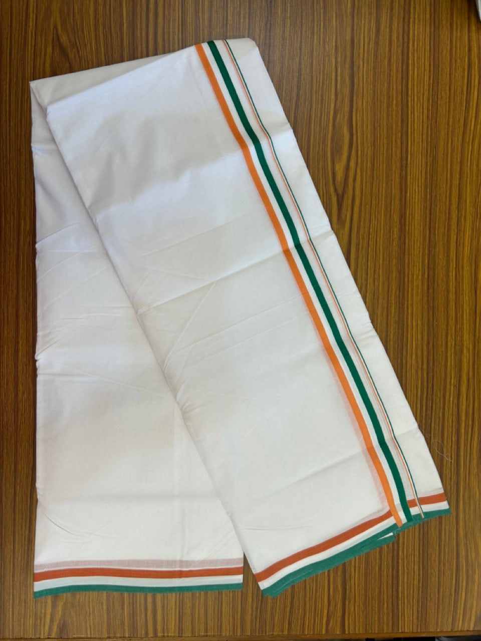 CONGRESS VESHTI - 20% DISCOUNT! KaithariKada 100% Cotton Pure white Double Mundu/Dhoti - 100X80 - 1 inch Orange White & Green Kara - 1 KK5297 ASH