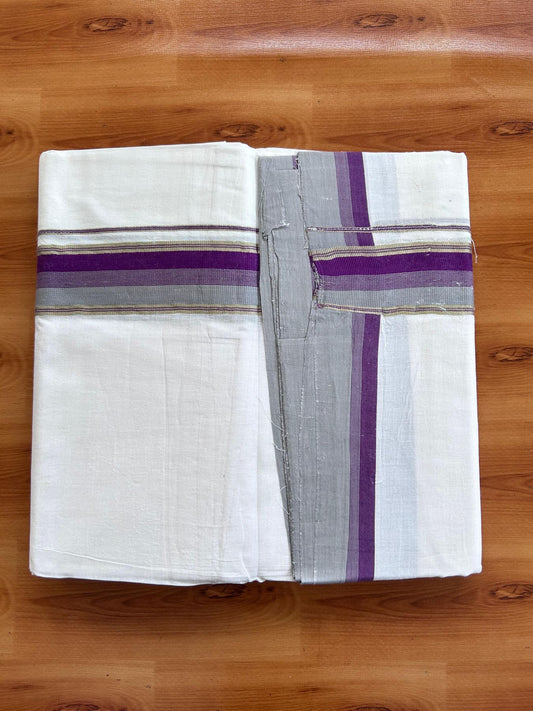 Double Ultra White 25% Discount ! KaithariKada Handloom Unakkupaav - Kerala Handloom - 100% Pure Cotton - 100x80 - 1.25 Inch Silver Kasav Purple & Grey Stripes Kara 4.00 mtr (8.5 Muzham) - 9 KK5509 RAM