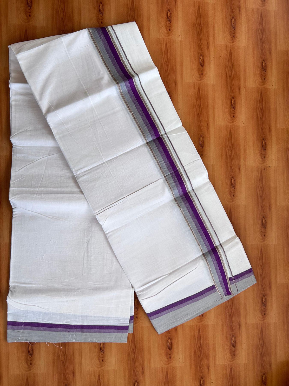 Double Ultra White 25% Discount ! KaithariKada Handloom Unakkupaav - Kerala Handloom - 100% Pure Cotton - 100x80 - 1.25 Inch Silver Kasav Purple & Grey Stripes Kara 4.00 mtr (8.5 Muzham) - 9 KK5509 RAM