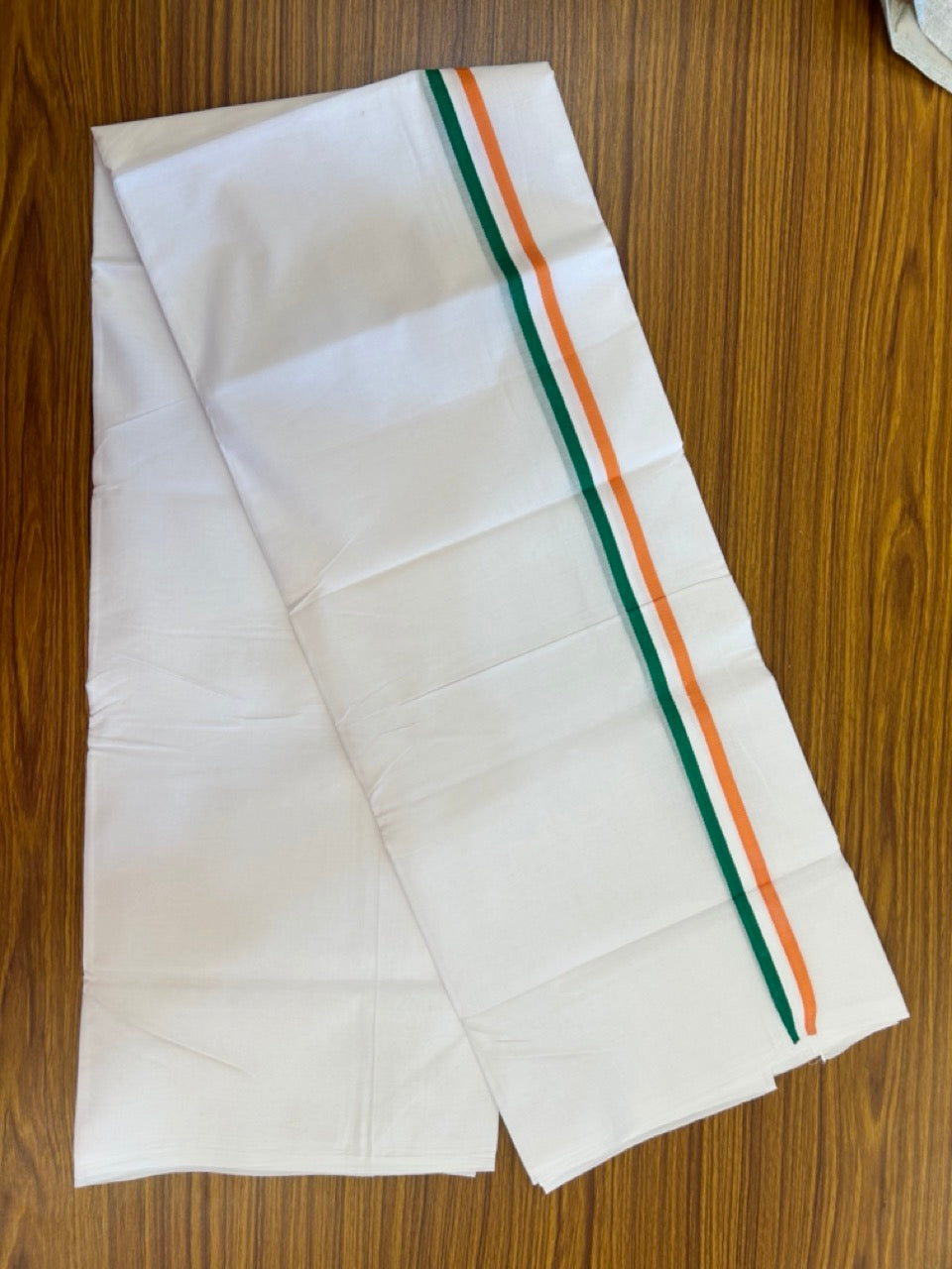 CONGRESS VESHTI - 20% DISCOUNT! KaithariKada 100% Cotton Pure white Double Mundu/Dhoti - 100X80 - 1 inch Orange White & Green Kara - 2 KK5297 ASH