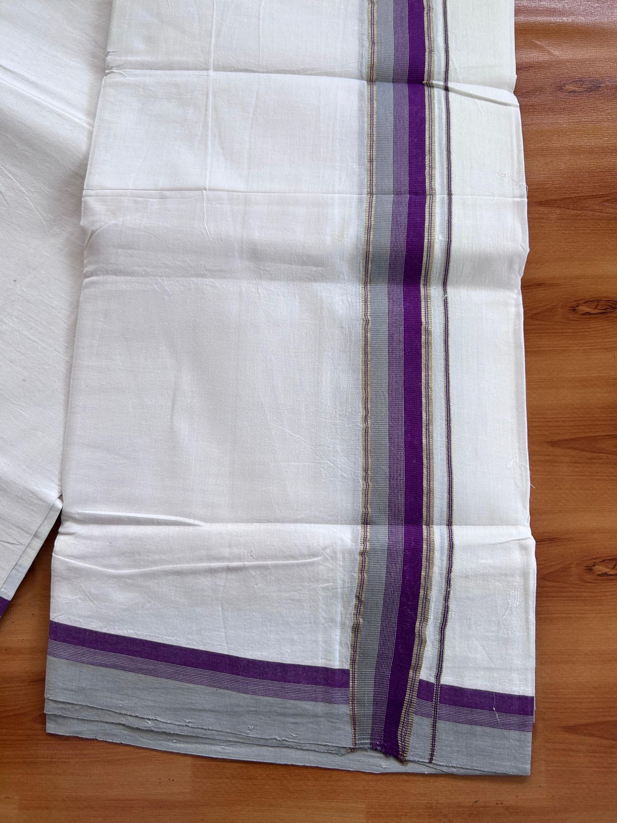 Double Ultra White 25% Discount ! KaithariKada Handloom Unakkupaav - Kerala Handloom - 100% Pure Cotton - 100x80 - 1.25 Inch Silver Kasav Purple & Grey Stripes Kara 4.00 mtr (8.5 Muzham) - 9 KK5509 RAM