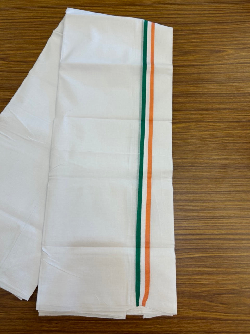 CONGRESS VESHTI - 20% DISCOUNT! KaithariKada 100% Cotton Pure white Double Mundu/Dhoti - 100X80 - 1 inch Orange White & Green Kara - 2 KK5297 ASH