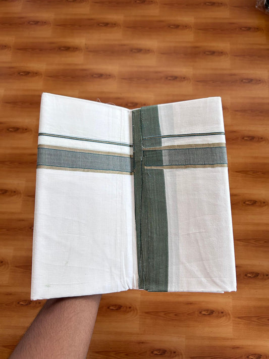 Double Ultra White 25% Discount ! KaithariKada Handloom Unakkupaav - Kerala Handloom - 100% Pure Cotton - 100x80 - 1.25 Inch Silver Kasav Green & Brown Stripes Kara 4.00 mtr (8.5 Muzham) - 8 KK5509 RAM