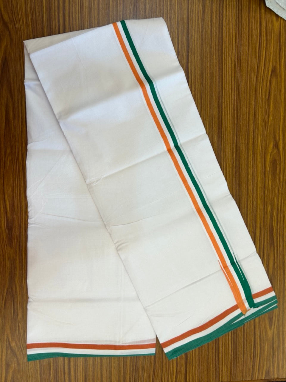 CONGRESS VESHTI - 20% DISCOUNT! KaithariKada 100% Cotton Pure whi te Double Mundu/Dhoti - 100X80 - 1 inch Puliyilakkara Orange White & Green Chutty Kara -  21 KK5297 ASH