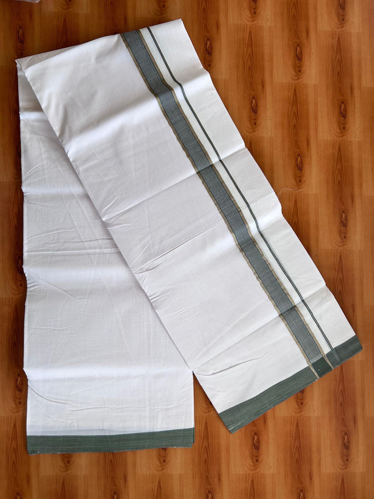 Double Ultra White 25% Discount ! KaithariKada Handloom Unakkupaav - Kerala Handloom - 100% Pure Cotton - 100x80 - 1.25 Inch Silver Kasav Green & Brown Stripes Kara 4.00 mtr (8.5 Muzham) - 8 KK5509 RAM