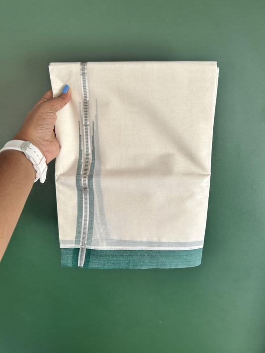 Off White Double (Unbleached) Mundu/Dhoti - 20% Discount! KaithariKada Balaramapuram 100% Cotton -100x80 - 1 inch Silver Kasav & Green Puliyilakkara Chutty Kara 4 mtr (8.5 Muzham) - 39 KK5440 VIN