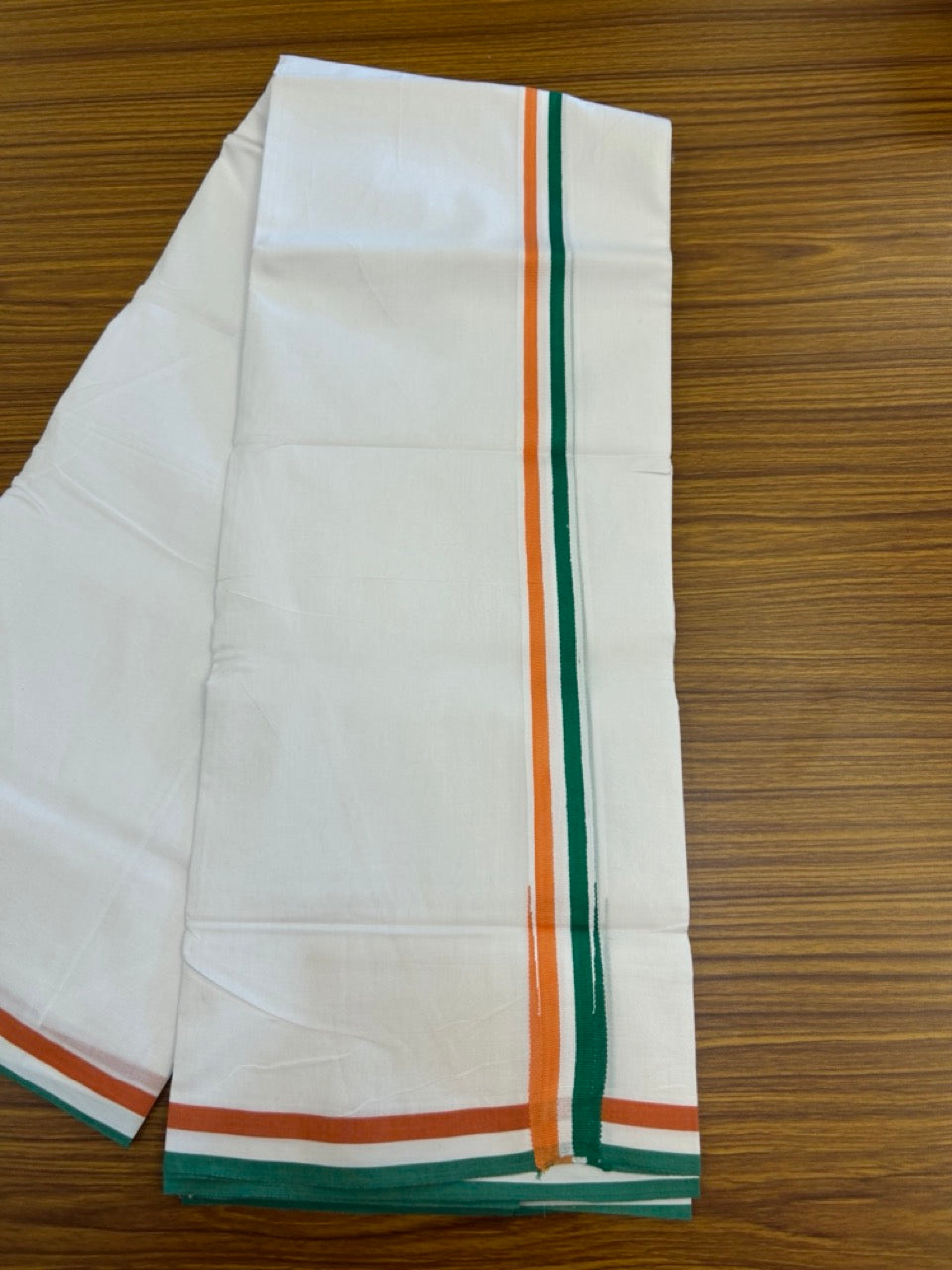 CONGRESS VESHTI - 20% DISCOUNT! KaithariKada 100% Cotton Pure whi te Double Mundu/Dhoti - 100X80 - 1 inch Puliyilakkara Orange White & Green Chutty Kara -  21 KK5297 ASH