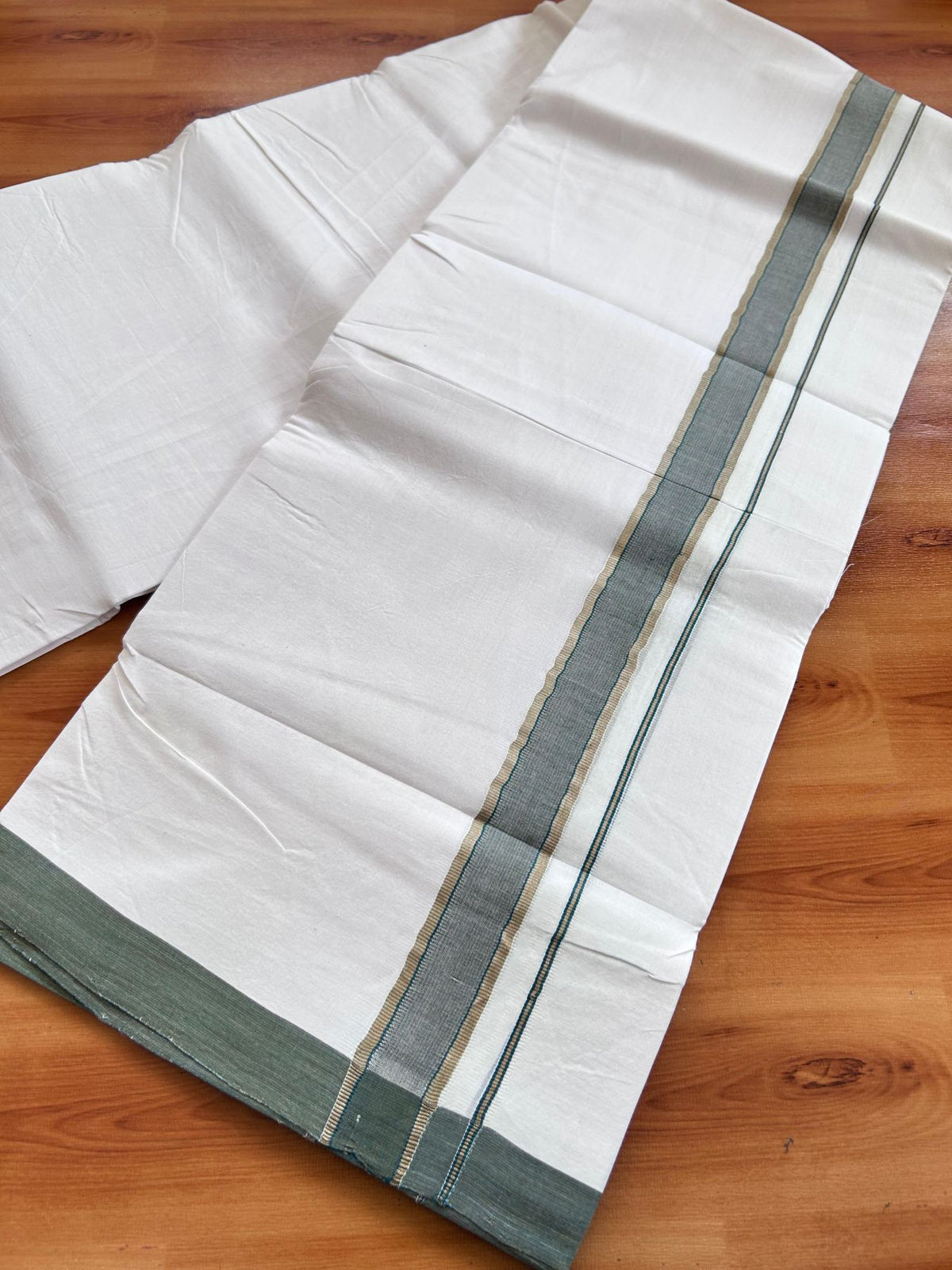 Double Ultra White 25% Discount ! KaithariKada Handloom Unakkupaav - Kerala Handloom - 100% Pure Cotton - 100x80 - 1.25 Inch Silver Kasav Green & Brown Stripes Kara 4.00 mtr (8.5 Muzham) - 8 KK5509 RAM