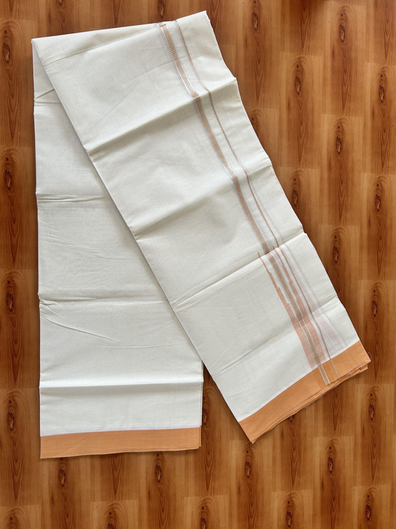 Off White Double (Unbleached) Mundu/Dhoti - 20% Discount! KaithariKada Balaramapuram 100% Cotton -100x80 - 1 inch Silver Kasav & Light Orange Puliyilakkara Chutty Kara 4 mtr (8.5 Muzham) - 34 KK5440 VIN