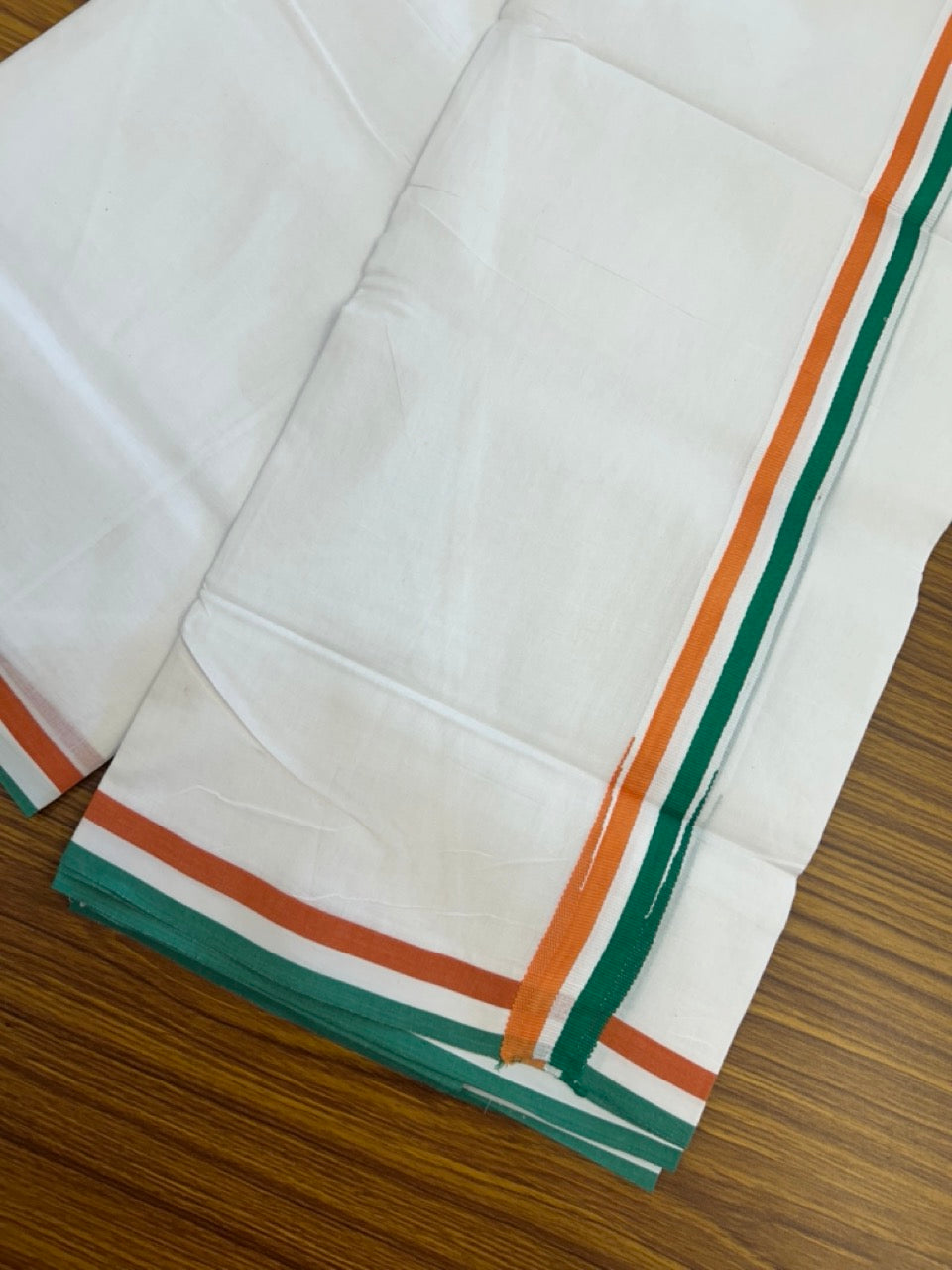 CONGRESS VESHTI - 20% DISCOUNT! KaithariKada 100% Cotton Pure whi te Double Mundu/Dhoti - 100X80 - 1 inch Puliyilakkara Orange White & Green Chutty Kara -  21 KK5297 ASH