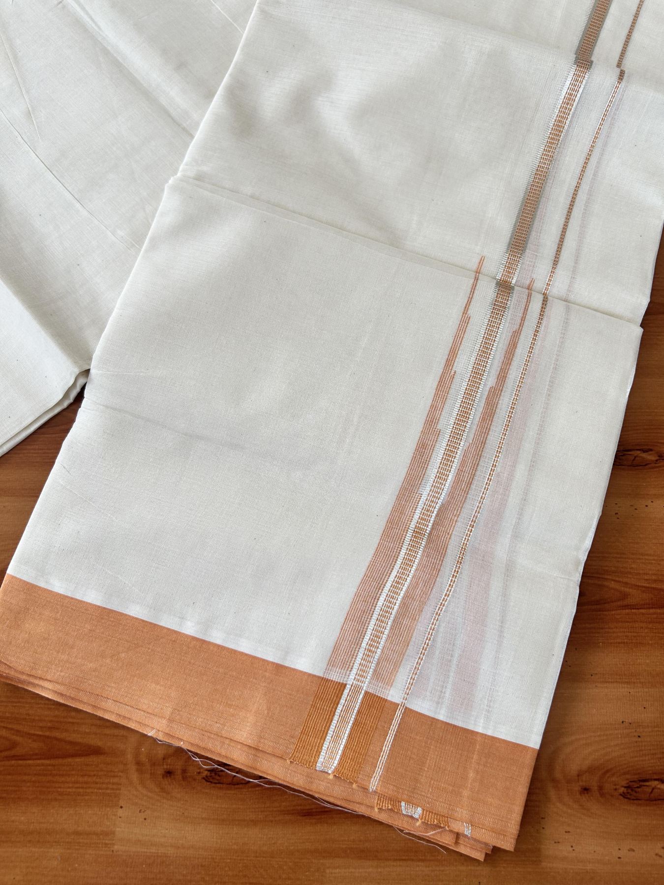 Off White Double (Unbleached) Mundu/Dhoti - 20% Discount! KaithariKada Balaramapuram 100% Cotton -100x80 - 1 inch Silver Kasav & Light Orange Puliyilakkara Chutty Kara 4 mtr (8.5 Muzham) - 34 KK5440 VIN