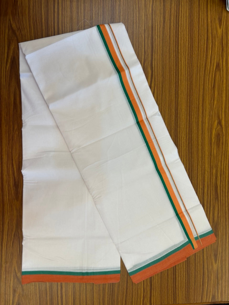 BJP VESHTI - 20% DISCOUNT! KaithariKada 100% Cotton Pure white Double Mundu/Dhoti - 100X80 - 0.75 inch Orange & Green Kara - 4 KK5297 ASH