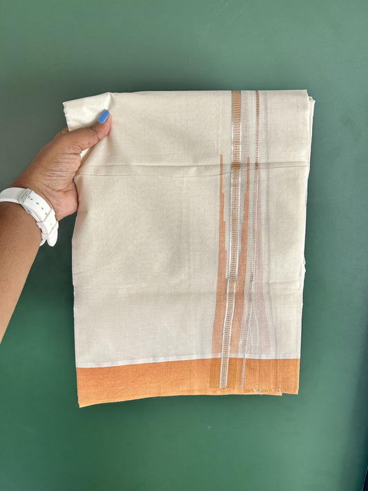 Off White Double (Unbleached) Mundu/Dhoti - 20% Discount! KaithariKada Balaramapuram 100% Cotton -100x80 - 1 inch Silver Kasav & Light Orange Puliyilakkara Chutty Kara 4 mtr (8.5 Muzham) - 34 KK5440 VIN