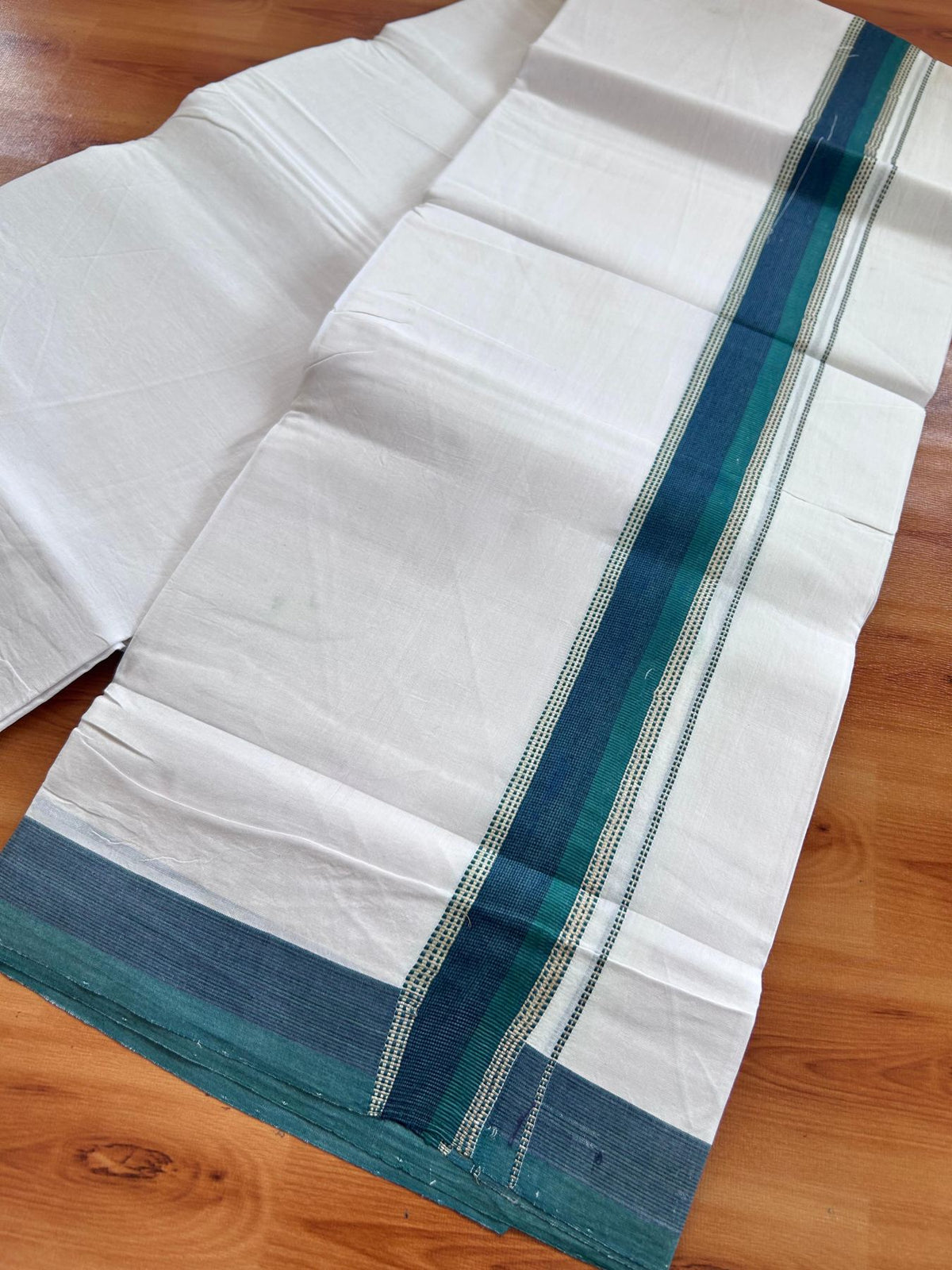 Double Ultra White 25% Discount ! KaithariKada Handloom Unakkupaav - Kerala Handloom - 100% Pure Cotton - 100x80 - 1.5 Inch Silver Kasav Green & Navy Blue Stripes Kara 4.00 mtr (8.5 Muzham) - 6 KK5509 RAM