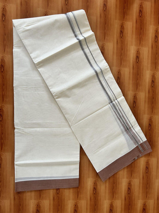 Off White Double (Unbleached) Mundu/Dhoti - 20% Discount! KaithariKada Balaramapuram 100% Cotton -100x80 - 1 inch Silver Kasav Black & Brown Puliyilakkara Chutty Kara 4 mtr (8.5 Muzham) - 41 KK5440 VIN