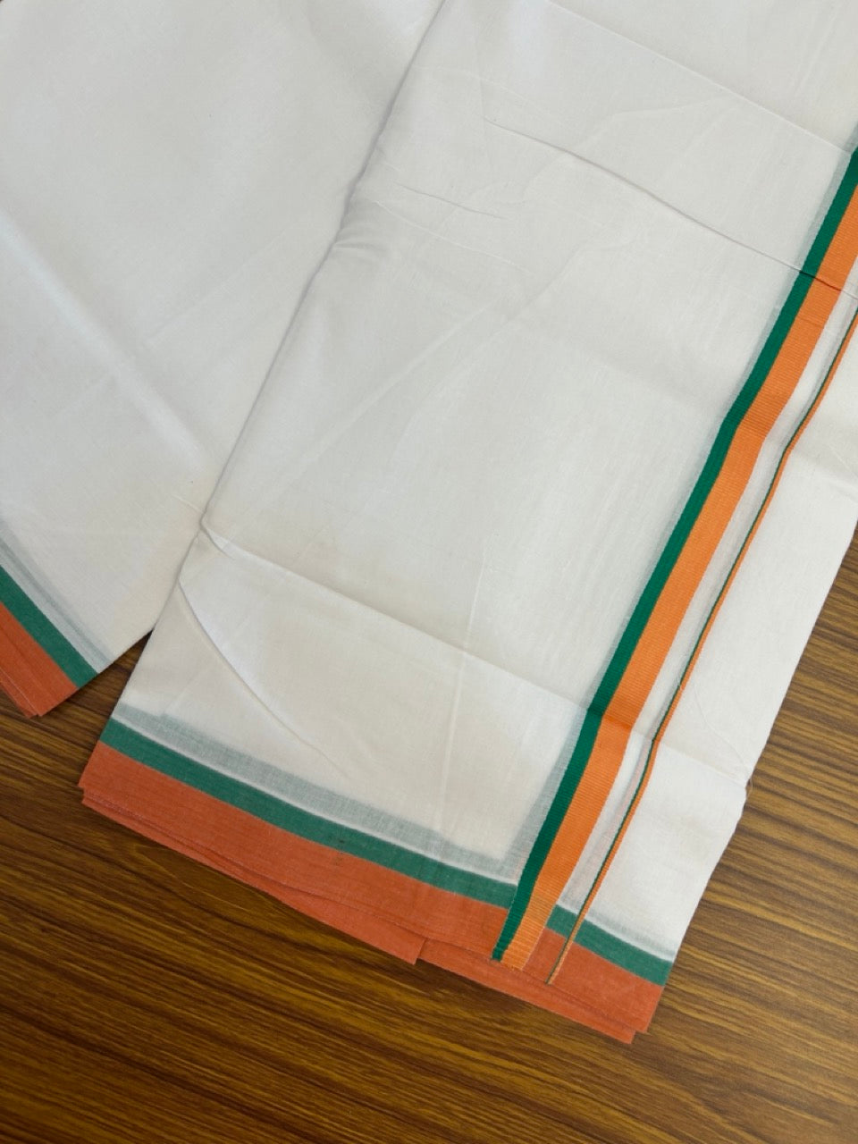 BJP VESHTI - 20% DISCOUNT! KaithariKada 100% Cotton Pure white Double Mundu/Dhoti - 100X80 - 0.75 inch Orange & Green Kara - 4 KK5297 ASH