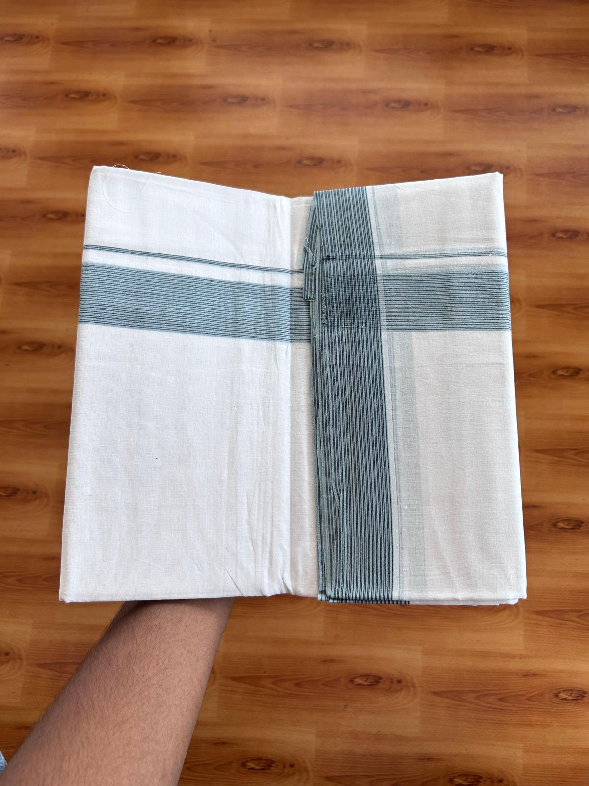 Double Ultra White 25% Discount ! KaithariKada Handloom Unakkupaav - Kerala Handloom - 100% Pure Cotton - 100x80 - 1.5 Inch Black & Ash Blue Stripes Kara 4.00 mtr (8.5 Muzham) - 12 KK5509 RAM