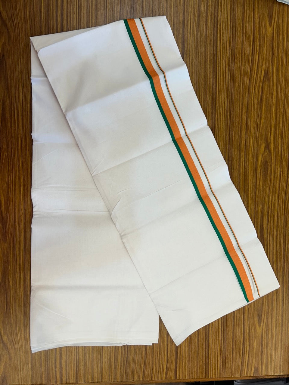 BJP VESHTI - 20% DISCOUNT! KaithariKada 100% Cotton Pure white Double Mundu/Dhoti - 100X100 - 0.75 inch Orange & Green Kara - 3 KK5297 ASH