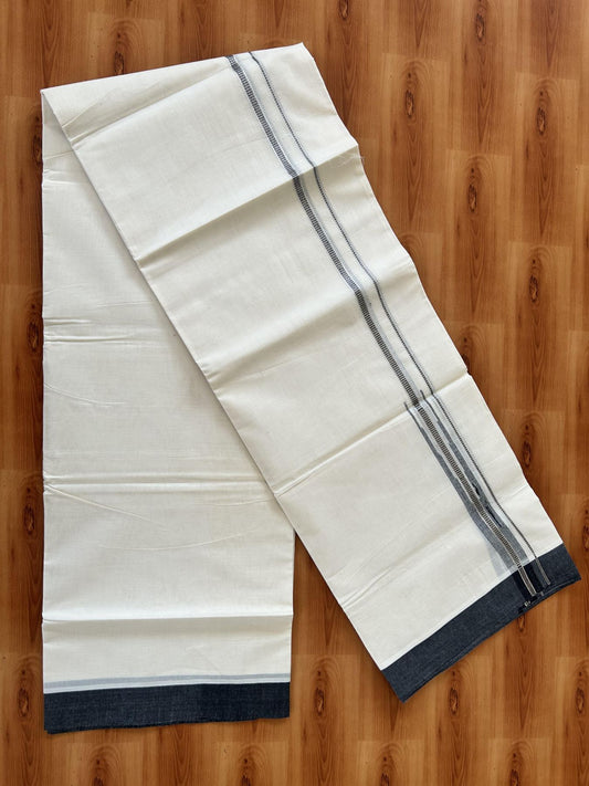 Off White Double (Unbleached) Mundu/Dhoti - 20% Discount! KaithariKada Balaramapuram 100% Cotton -100x80 - 1 inch Silver Kasav & Black Puliyilakkara Chutty Kara 4 mtr (8.5 Muzham) - 35 KK5440 VIN