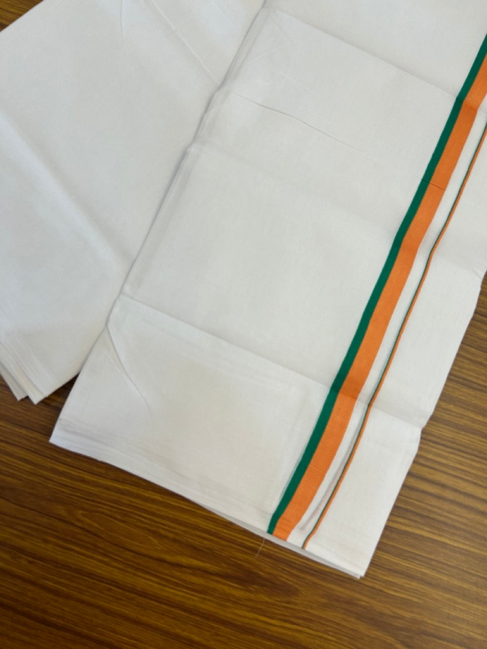 BJP VESHTI - 20% DISCOUNT! KaithariKada 100% Cotton Pure white Double Mundu/Dhoti - 100X100 - 0.75 inch Orange & Green Kara - 3 KK5297 ASH