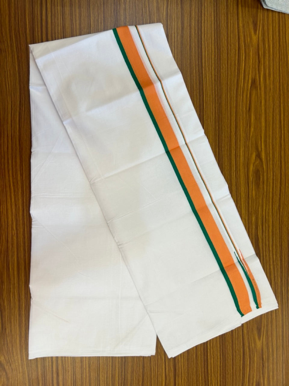 Bjp Veshti - 20% Discount! KaithariKada 100% Cotton Pure white Double Mundu/Dhoti - 100X80 - 1.25 inch Puliyilakkara Orange & Green Chutty Kara - 4mtr (8.5 muzham)- 46 KK5297 ASH