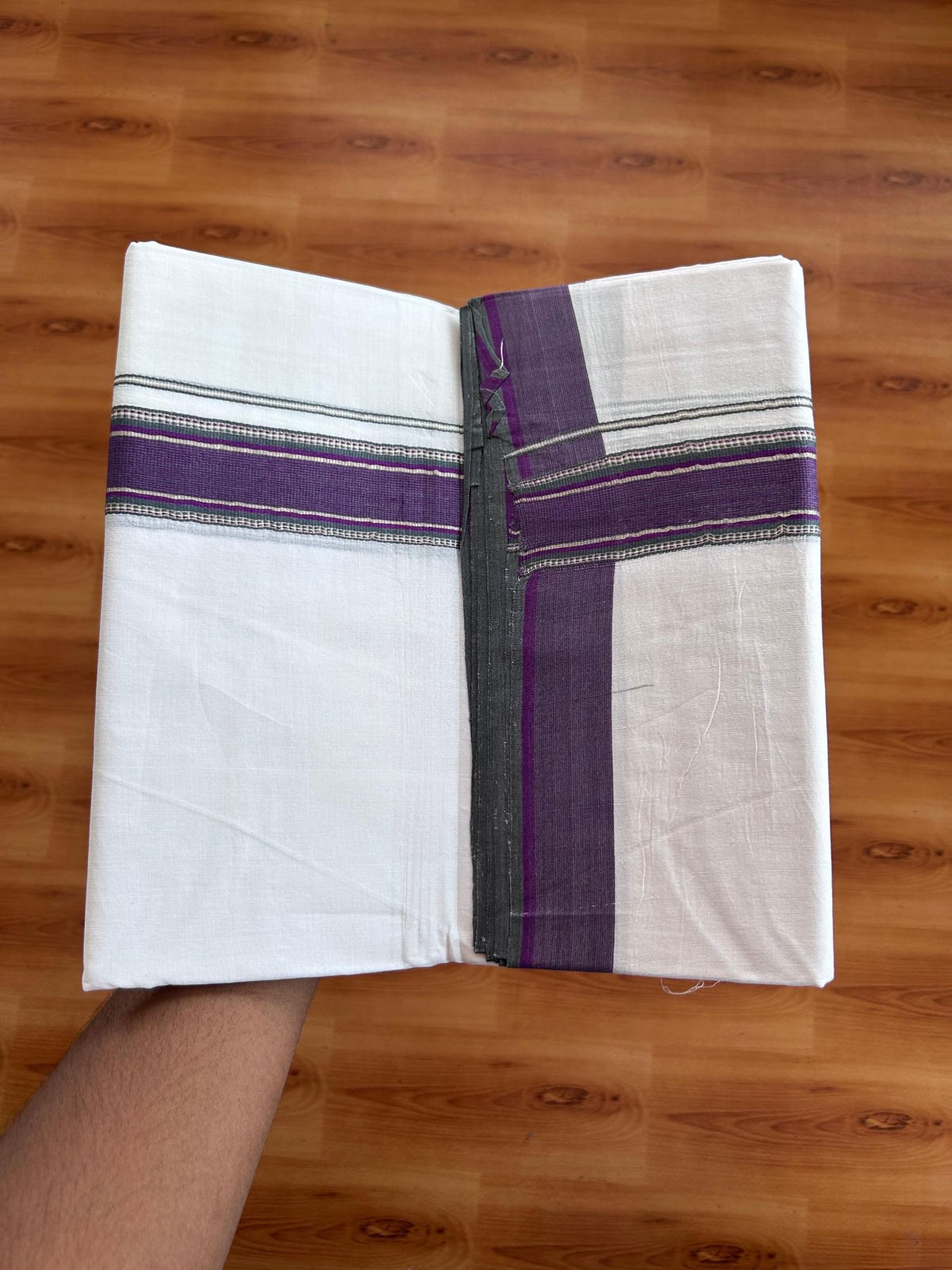 Double Ultra White 25% Discount ! KaithariKada Handloom Unakkupaav - Kerala Handloom - 100% Pure Cotton - 100x80 - 1.5 Inch Silver Kasav Sage Green & Purple Stripes Kara 4.00 mtr (8.5 Muzham) - 7 KK5509 RAM