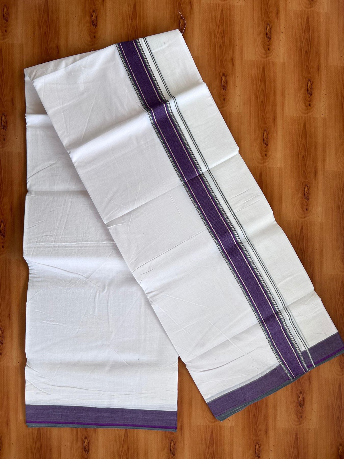 Double Ultra White 25% Discount ! KaithariKada Handloom Unakkupaav - Kerala Handloom - 100% Pure Cotton - 100x80 - 1.5 Inch Silver Kasav Sage Green & Purple Stripes Kara 4.00 mtr (8.5 Muzham) - 7 KK5509 RAM