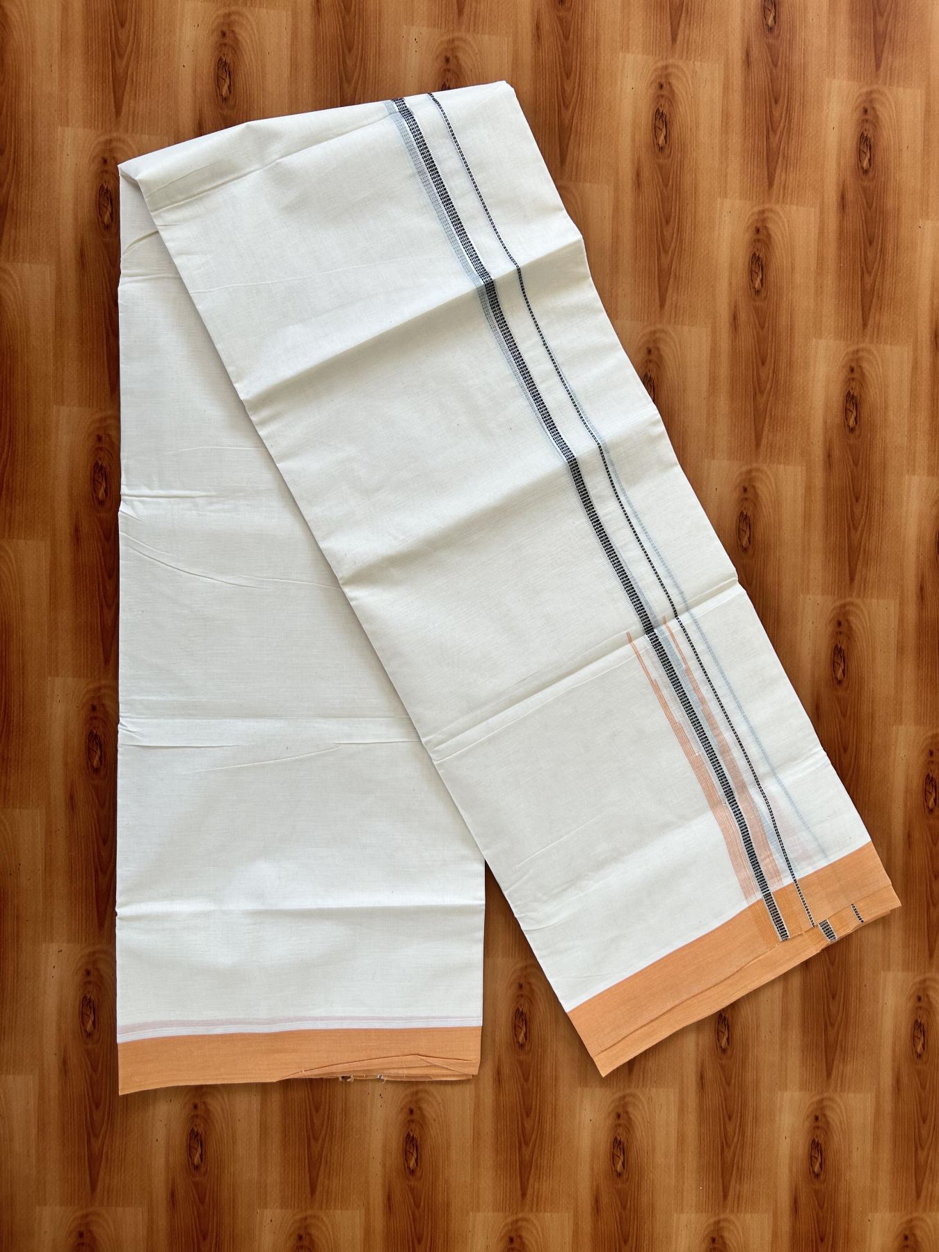 Off White Double (Unbleached) Mundu/Dhoti - 20% Discount! KaithariKada Balaramapuram 100% Cotton -100x80 - 1 inch Silver Kasav Light Orange & Black Puliyilakkara Chutty Kara 4 mtr (8.5 Muzham) - 36 KK5440 VIN