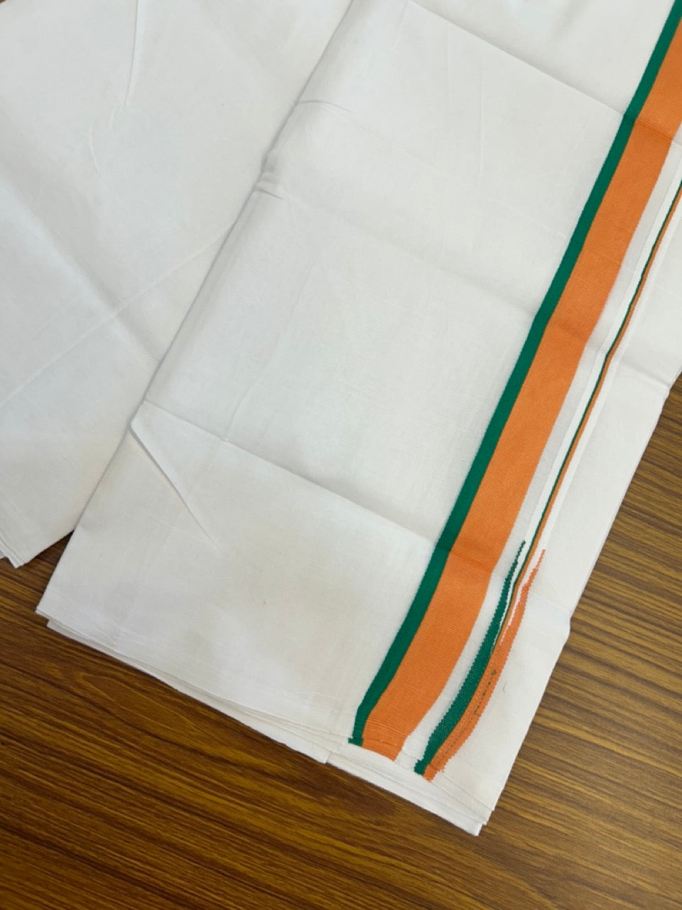 Bjp Veshti - 20% Discount! KaithariKada 100% Cotton Pure white Double Mundu/Dhoti - 100X80 - 1.25 inch Puliyilakkara Orange & Green Chutty Kara - 4mtr (8.5 muzham)- 46 KK5297 ASH
