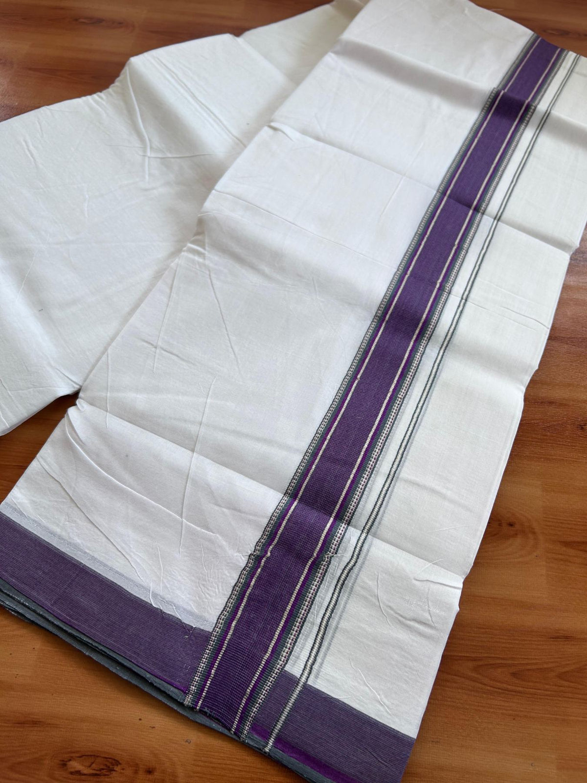 Double Ultra White 25% Discount ! KaithariKada Handloom Unakkupaav - Kerala Handloom - 100% Pure Cotton - 100x80 - 1.5 Inch Silver Kasav Sage Green & Purple Stripes Kara 4.00 mtr (8.5 Muzham) - 7 KK5509 RAM