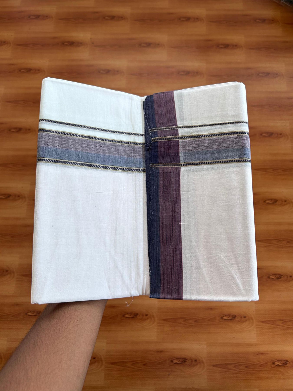 Double Ultra White 25% Discount ! KaithariKada Handloom Unakkupaav - Kerala Handloom - 100% Pure Cotton - 100x80 - 1.5 Inch Silver Kasav Navy Blue & Dusty Peach Stripes Kara 4.00 mtr (8.5 Muzham) - 4 KK5509 RAM