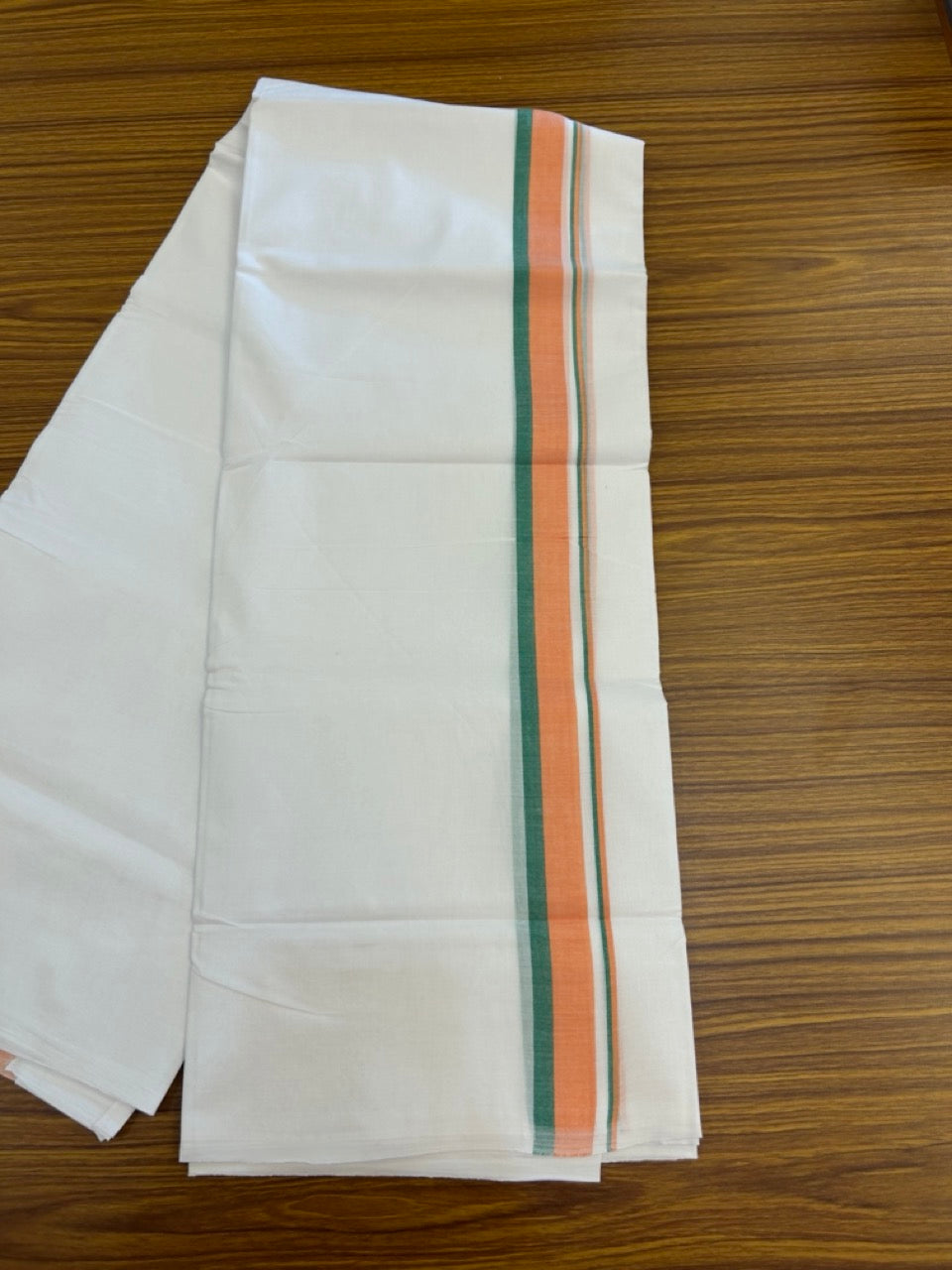 BJP VESHTI - 20% DISCOUNT! KaithariKada 100% Cotton Pure white Double Mundu/Dhoti - 100X80 - 1.25 inch Orange & Green Kara - 5 KK5297 ASH