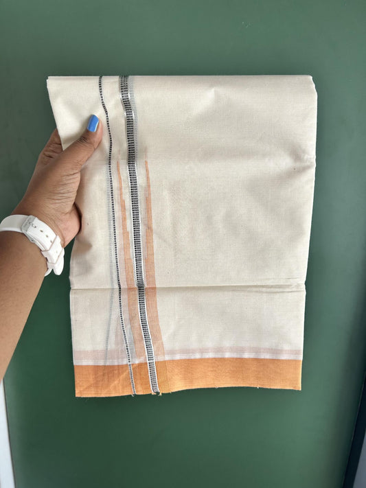Off White Double (Unbleached) Mundu/Dhoti - 20% Discount! KaithariKada Balaramapuram 100% Cotton -100x80 - 1 inch Silver Kasav Light Orange & Black Puliyilakkara Chutty Kara 4 mtr (8.5 Muzham) - 36 KK5440 VIN
