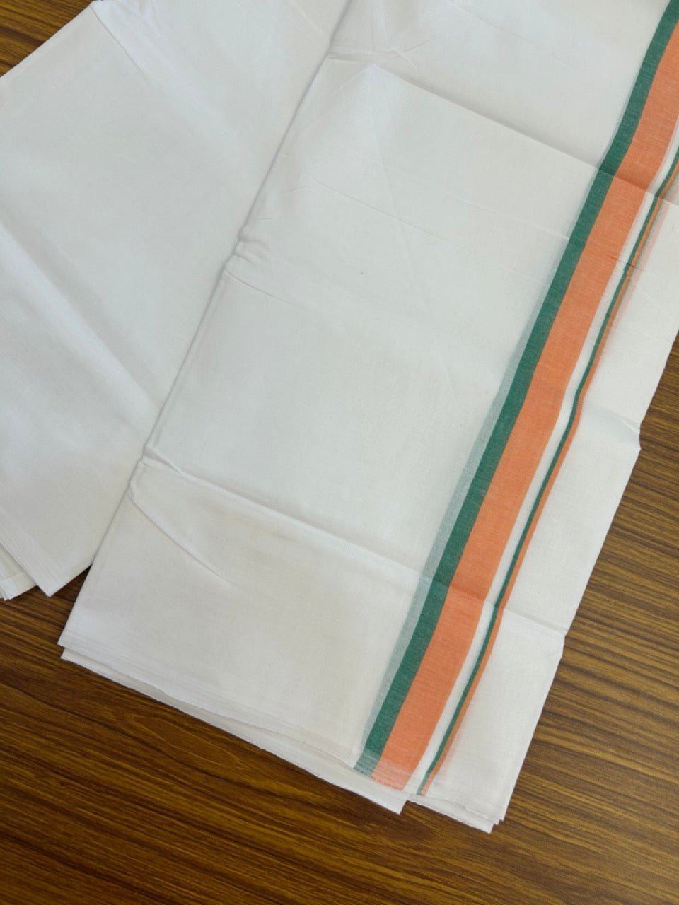BJP VESHTI - 20% DISCOUNT! KaithariKada 100% Cotton Pure white Double Mundu/Dhoti - 100X80 - 1.25 inch Orange & Green Kara - 5 KK5297 ASH