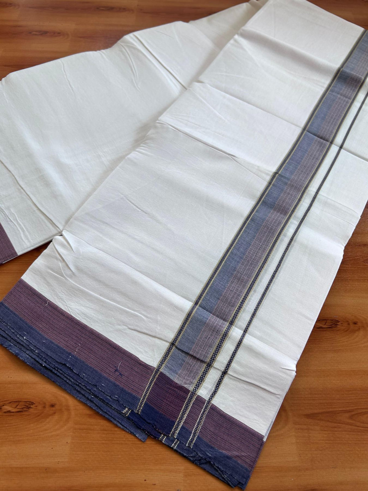 Double Ultra White 25% Discount ! KaithariKada Handloom Unakkupaav - Kerala Handloom - 100% Pure Cotton - 100x80 - 1.5 Inch Silver Kasav Navy Blue & Dusty Peach Stripes Kara 4.00 mtr (8.5 Muzham) - 4 KK5509 RAM