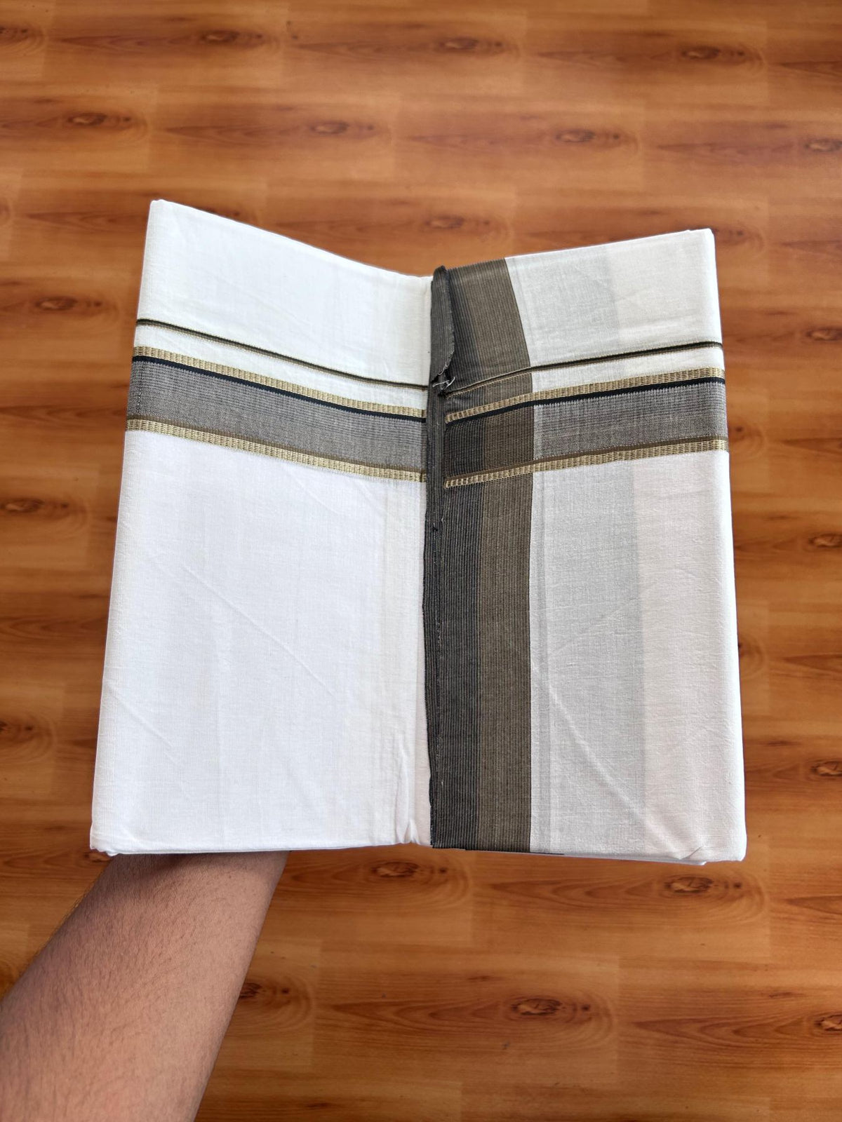 Double Ultra White 25% Discount ! KaithariKada Handloom Unakkupaav - Kerala Handloom - 100% Pure Cotton - 100x80 - 1.25 Inch Silver Kasav Olive Brown & Black Stripes Kara 4.00 mtr (8.5 Muzham) - 5 KK5509 RAM