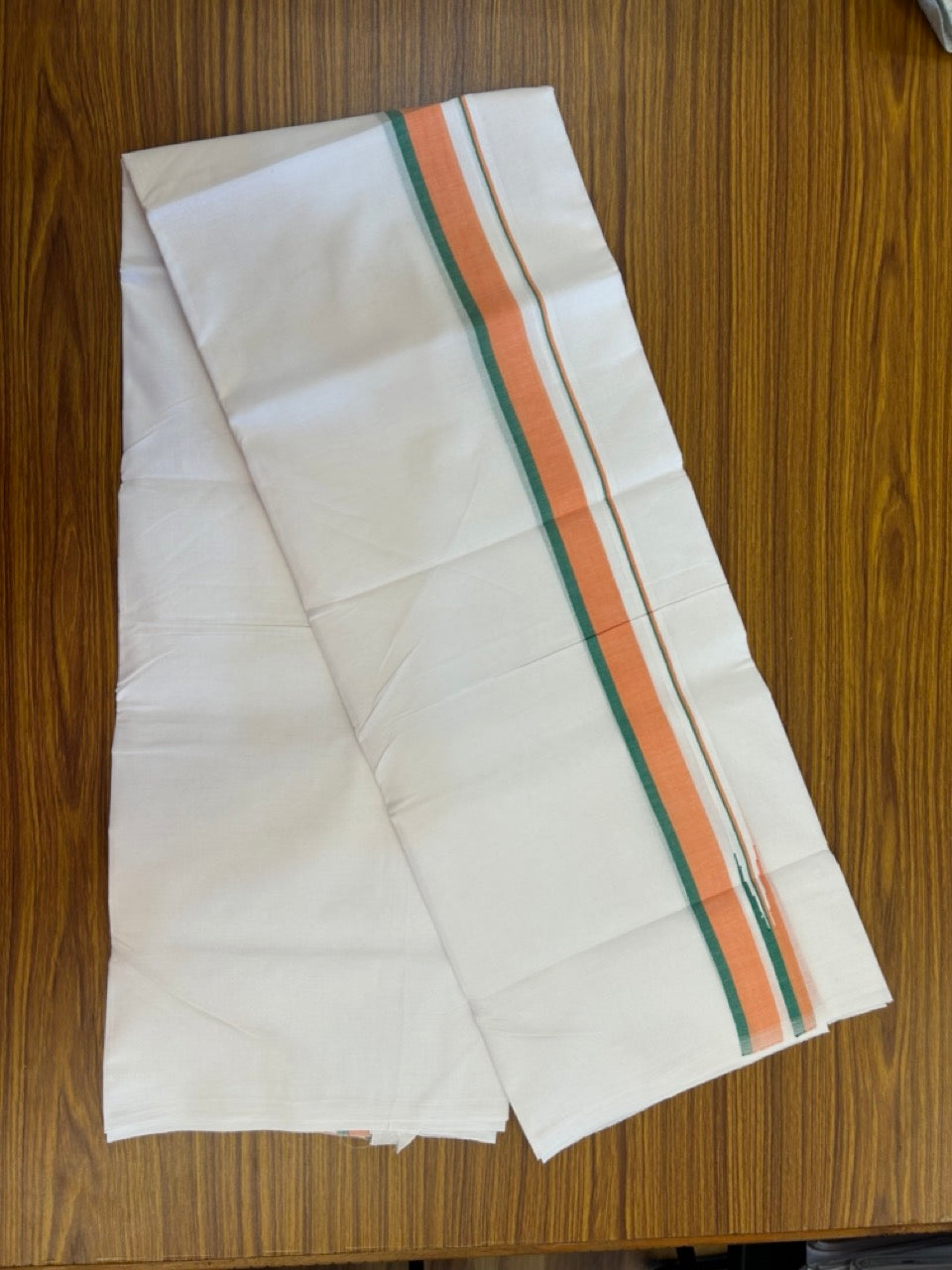 BJP VESHTI - 20% DISCOUNT! KaithariKada 100% Cotton Pure white Double Mundu/Dhoti - 100X80 - 1.25 inch Puliyilakkara Orange & Green Shaded Chutty Kara - 4mtr (8.5 muzham)- 24 KK5297 ASH